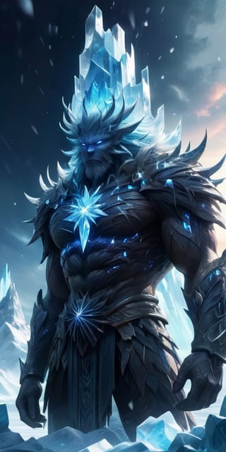 A towering, crystalline giant emerges from a frozen wasteland. Its body is composed of interlocking ice crystals, and its movements cause shimmering snowflakes to cascade around it.
