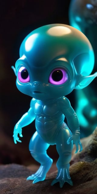 A baby alien with translucent skin that reveals its internal organs, which glow softly with bioluminescence. It has a head that is disproportionately large compared to its body, giving it a comically cute appearance, and it communicates through a series of chirps and whistles.
