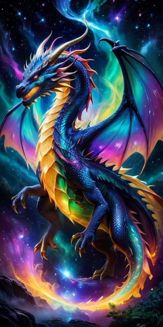 An astral dragon, its body a luminous, ever-changing tapestry of colors, like a living aurora. It flies through a field of shimmering starlight, its form blending with the cosmic energies around it. Its presence is mesmerizing and enchanting, a true marvel of the cosmos.
