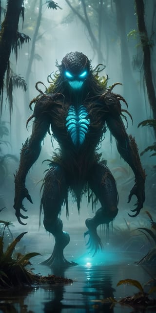 A monstrous, amphibious creature with bioluminescent markings emerges from a fog-shrouded swamp. Its webbed fingers leave glowing trails on the damp vegetation, and its croaking calls echo through the dense foliage, both a warning and a lure.
