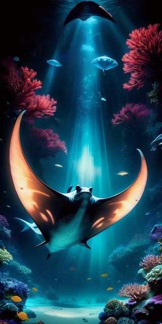 A colossal manta ray soars through the bioluminescent depths of the ocean. Glowing plankton trails in its wake, illuminating the strange and fantastical creatures that dance around it.
