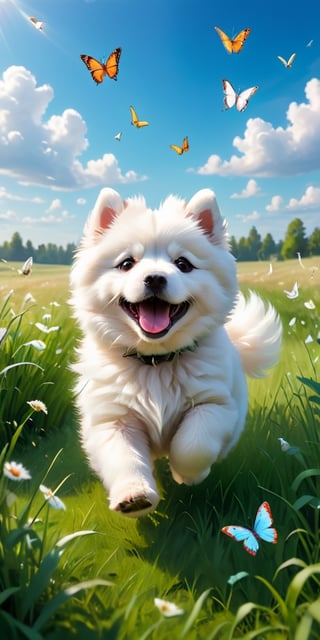 A panoramic image of a vast green meadow, with a fluffy white Samoyed puppy frolicking in the tall grass. The puppy playfully chases a swarm of butterflies, their colorful wings creating a mesmerizing blur against the blue summer sky.
