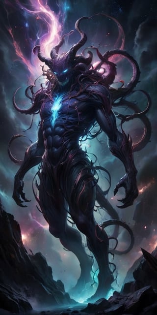 The Interdimensional Devourer From a rift between realities, a nightmarish being steps through. Its form is a twisted amalgamation of flesh and machinery, with tendrils of energy crackling around it. It emits a low, menacing hum that resonates with the very fabric of spacetime.
