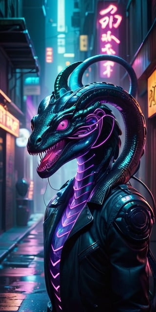 A serpentine creature with iridescent scales slithers through a neon-lit cyberpunk alleyway. Its forked tongue flickers with electric energy, and its eyes glow with an otherworldly intelligence.
