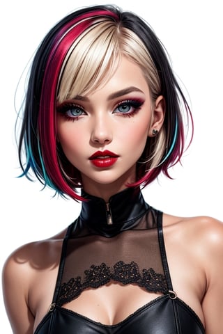 1girl, solo, upper body, looking at viewer, white background, bob cut, short hair, multicolored hair, makeup, parted lips, red lips, eyeliner,