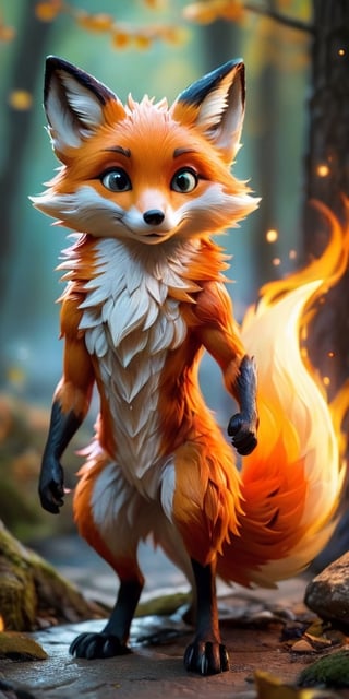 A mischievous fire spirit, resembling a playful fox, dances amongst flickering flames. Its fur crackles with embers, and its eyes glow with the warmth of the fire.
 
