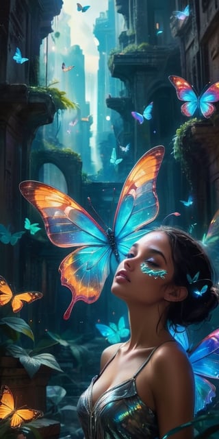 A swarm of bioluminescent butterflies with iridescent wings flutter through the ruins of an ancient alien city. Their delicate beauty masks a deadly secret: their powdery scales are laced with a potent neurotoxin, leaving those who disturb them in a paralyzed state.
