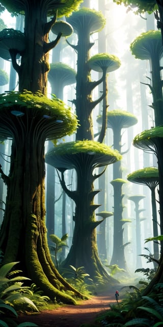 The Nanotech Forest A forest where every tree is a towering structure of nanotechnology, constantly growing and adapting to its surroundings. Nanobots swarm through the air, repairing and maintaining the forest, while larger nanotech creatures move through the underbrush, their forms shifting and changing as they hunt for energy sources.
