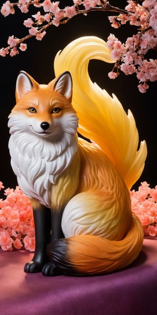 A cunning kitsune spirit with fur like spun moonlight playfully swats at a butterfly, its mischievous glint accentuated by the soft glow emanating from its fur. Cherry blossom petals swirl around it, creating a dreamlike atmosphere.
