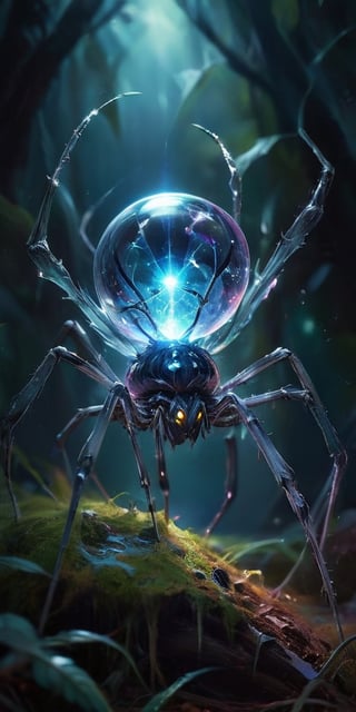 A colossal, crystalline entity resembling a twisted spider pulsates with an inner light. Its legs, formed from razor-sharp crystals, pierce the ground, and its multifaceted eyes gleam with an intelligence both alien and unsettling.
