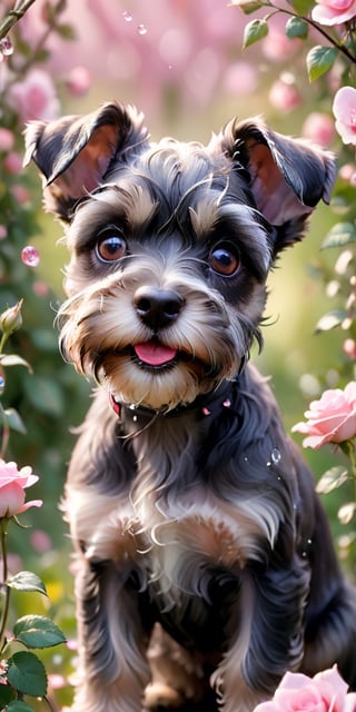 A close-up image of a Schnauzer puppy's face, framed by its wiry fur. The puppy's eyes sparkle with mischief as it fixates on a delicate pink butterfly fluttering in front of a rose bush. Dewdrops glisten on the rose petals, adding to the scene's charm.
