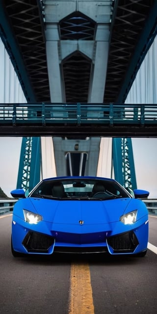 Lamborghini matte black blue head lights on a bridge, car photography