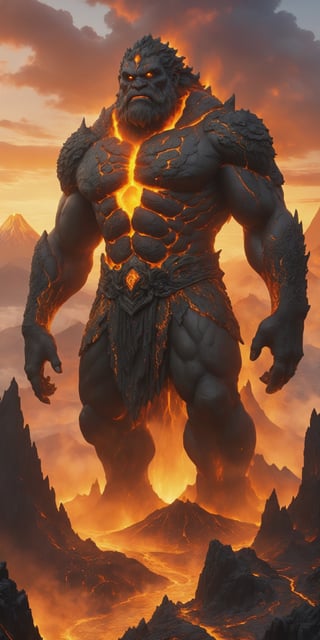 A colossal stone giant, its weathered features adorned with golden jewels, stands guard over a hidden city nestled within a volcano. Molten lava flows around its base, casting an orange glow on the city's obsidian towers.
 

