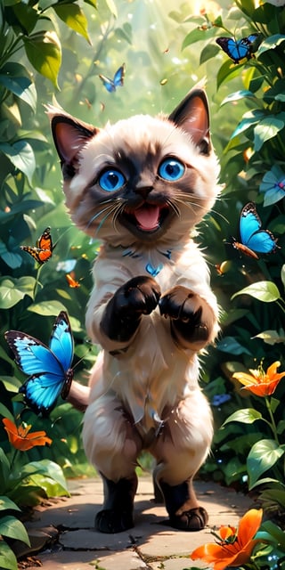  mischievous Siamese kitten, its bright blue eyes sparkling with amusement, stalks a butterfly with playful intent. The butterfly, a burst of orange and black against the green leaves, flits from flower to flower, just out of reach of the kitten's pouncing paws. The scene is filled with the energy of the chase, a delightful dance between predator and prey.
 
