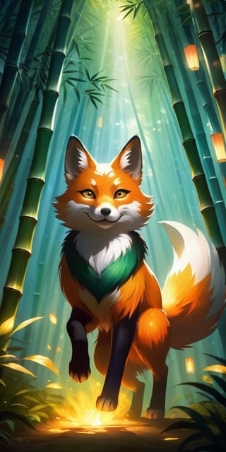 A mesmerizing kitsune with fur like spun moonlight leads a group of travelers through a bamboo forest, its playful smile masking a mischievous glint in its eyes. The forest shimmers with an otherworldly glow, casting long shadows that hint at hidden dangers and forgotten magic.
 
