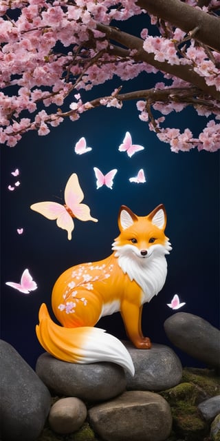 A cunning kitsune spirit with fur like spun moonlight playfully swats at a butterfly, its mischievous glint accentuated by the soft glow emanating from its fur. Cherry blossom petals swirl around it, creating a dreamlike atmosphere.
