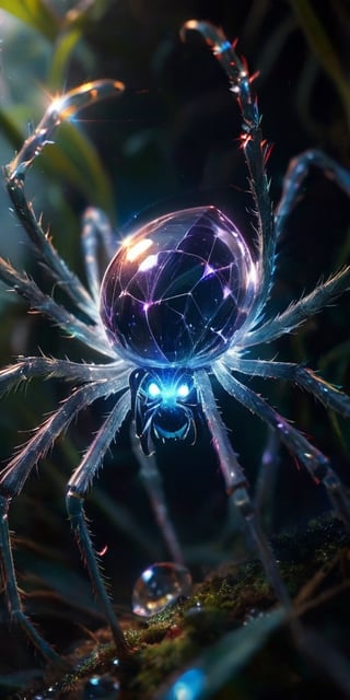 A colossal, crystalline entity resembling a twisted spider pulsates with an inner light. Its legs, formed from razor-sharp crystals, pierce the ground, and its multifaceted eyes gleam with an intelligence both alien and unsettling.
