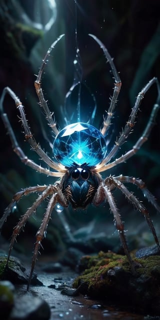 A colossal, crystalline entity resembling a twisted spider pulsates with an inner light. Its legs, formed from razor-sharp crystals, pierce the ground, and its multifaceted eyes gleam with an intelligence both alien and unsettling.
