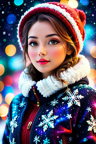 close up angle of (( winter clothes women )), (snow) , detailed focus, deep bokeh, beautiful, dreamy colors, dark cosmic background. Visually delightful ,3D,more detail XL( Christmas theme)(the text "Mari Christmas":1.5)