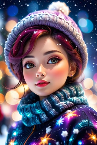 close up angle of (( winter clothes lady )), (snow) , detailed focus, deep bokeh, beautiful, dreamy colors, dark cosmic background. Visually delightful ,3D,more detail XL( Christmas theme)