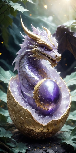 Create a close-up image of a baby amethyst dragon hatching from its egg. Capture the drama of the moment with intricate cracks spreading across the egg's surface, revealing the violet scales of the dragon beneath. Include shimmering dust particles swirling around the eggshell, and depict a gentle breeze rustling nearby leaves, creating a sense of anticipation as the new life emerges.
, 