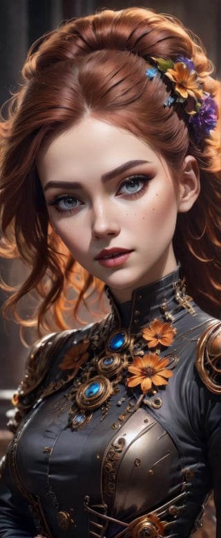 Portrait of a beautiful cyborg woman with flowy coppery hair with a vibrant floral arrangement, gothic vibe, oil painting, amber glow, smoky gloomy background, work of beauty and complexity, 8kUHD ,A girl dancing,  bastien lecouffe deharme style,  alberto seveso style ,HellAI,steampunk style,cyborg style, glowing fractal glass elements 