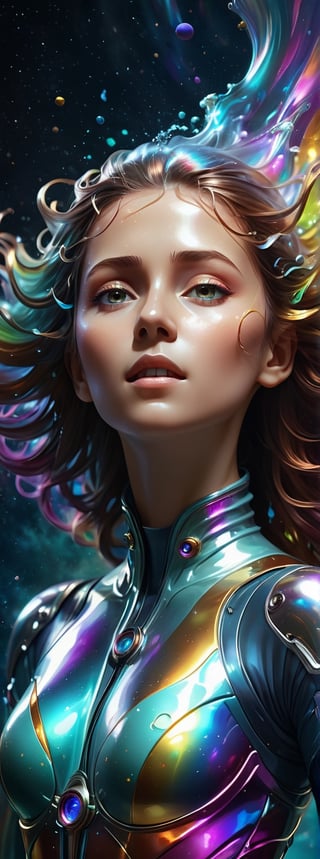 Cinematic results, create an intricate colorful image of a beautiful glowing woman with flowy hair resembling steam in water, she is wearing an chrome formfitting spacesuit,  she is floating in outer space, colorful galaxy background, acrobatics pose, hyperdetailed face, work of beauty and complexity, sci-fi,  alberto seveso style,  8kUHD,  glowing fractal glass elements,  galaxycore