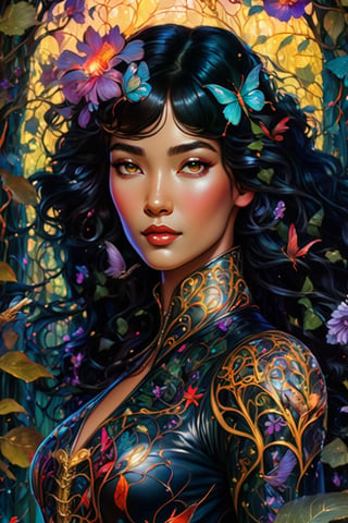 Imagine a beautiful woman with flowy black hair wearing a intricate leather bodysuit,  hummingbirds in an enchanted forest, flowery vines foreground, epic fantasy, colorful rendition, hyperdetailed face, awesome vibes, UHD, 8k, rebecca guay style, gustav klimt style,  cinematic 