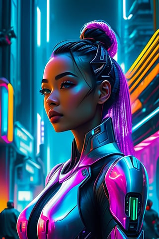 Imagine a beautiful woman walking on an futuristic city, cinematic, masterpiece, 8k, hyperdetailed face, hyperdetailed eyes, detailed hair, sci-fi vibes, cyber punk, neon lights, Chris Moore style