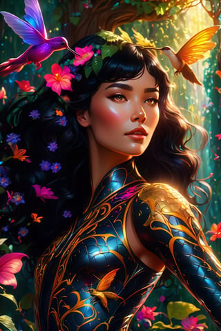 Imagine a beautiful woman with flowy black hair wearing a intricate leather bodysuit while riding a hummingbird  in an enchanted forest, flowery vines foreground, epic fantasy, colorful rendition, hyperdetailed face, awesome vibes, UHD, 8k, yulia brodskaya style, gustav klimt style,  cinematic 