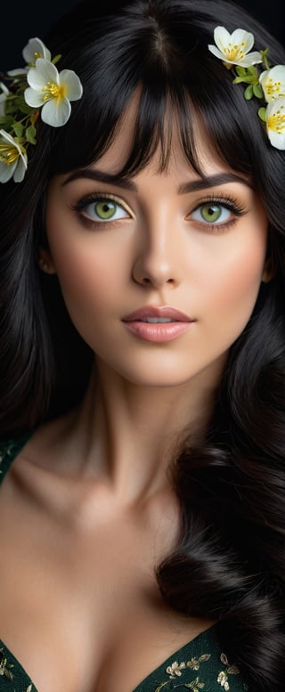 Photorealism, professional portrait photography, 80mm digital photo of a beautiful woman with flowy black hair and golden green eyes looking at the viewer, studio lighting, black background, 8kUHD,  delicate tiny flowers adorning her hair