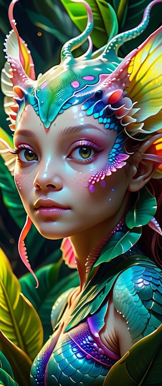 Cinematic results,  intricate ultra detailed portrait picture of a woman-axolotl hybrid with glowing fractal scales, work of beauty and complexity, 8kUHD, banana leaves background ,ColorART
