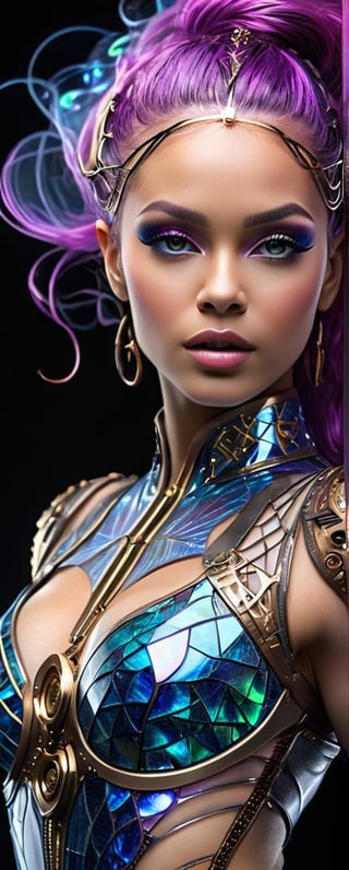 Imagine a professional photography of a glass woman with translucent body in a dancers pose, hyperdetailed realistc human face, 80 mm digital photography, Ultrarealistic, black background,  iridescent glow, wide_hips, long flowy magenta blue iridescent hair ,Glass,  ,detailmaster2,  ultrarealistic hyperdetailed face , glowing mosaic tile elements, work of beauty and complexity, Clear glass,Clear Glass Skin,cyborg style,HZ Steampunk,  bronze filigree elements ,arcane,  Clear glass, glowing fractal glass elements , iridescent glow, golden hour,  foliage and floral vines background 