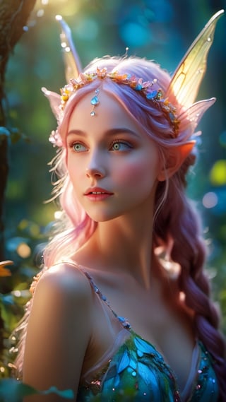 Epicrealism, professional cinematic results, colorful ultra detailed picture of a beautiful fairy in an enchanted forest landscape, zoom digiral photography with sharp focus on face, bokeh, work of beauty and complexity invoking a sense of magic and fantasy, 8kUHD, elven_ears, colorful hair 