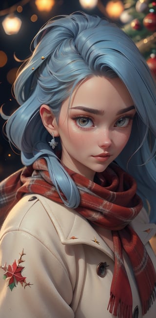 Aerial view, Cinematic professional results, hyperdetailed, Christmas wonder, beautiful woman dressed in winter clothing climbing a Christmas tree, bokeh, 8kUHD, with long flowy blue hair, rmwinterscape , cardinal-bird, portrait, red plaid scarf blowing in the wind,  intensively vivid colors,High detailed 