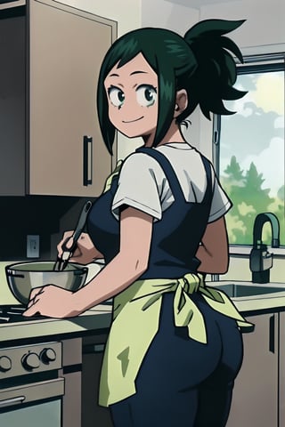 masterpiece,best quality,intricate details,1girl, midoriya inko, green hair, short hair, short ponytail, green eyes, large breasts, curvy, plump, shirt, apron, indoors, kitchen, looking at viewer, smile,ass,horikoshi kouhei