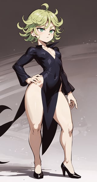 8k,solo, 1girl, tatsumaki,BREAK black dress, iom,(full body),standing,(thick thighs),flat chest,curly hair,short hair,BREAK green hair,angry,simple_background,highheels,detailed face,BREAK green eyes,skin-tight dress