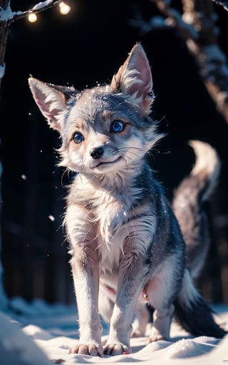 A Ultra realistic, a stunningly ultra highly detailed ultra detailed shot of a cute vivid blue fox in a snow winter Forest, cute small legs, small paws, magical lights, 32k resolution, best quality, night time, light small particles, four legs only, action pose, best quality, perfect detailed, ultra sharp focus, no humans