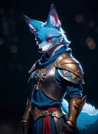 An ancient anthropomorphic male blue fox using a black medieval armor, the fox has red eyes, photography, beautiful, bokeh temple background, colorful, masterpieces, top quality, best quality, official art, beautiful and aesthetic, realistic
