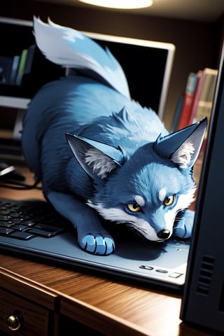 (masterpiece:1.5), (best quality:1.5), cute blue fox, animal, computer room, Comic Art Style