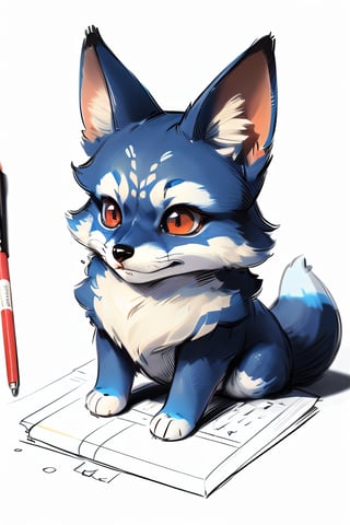 (masterpiece:1.5), (best quality:1.5), cute blue fox, red eyes, sketch, SAM YANG
