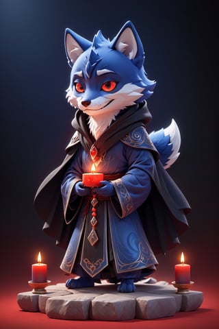 (full body) zhibi, chibi, animal wavie Wraith, small wavie Wraith, angry male blue fox in a black cloak, meditating above an stone altar with candles, big red eyes, extremely detailed, intricate details, muted color scheme, subtle gradients, photorealistic, 8k, 3d style, 3d style, 3d toon style