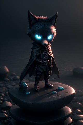 (full body) zhibi, chibi, animal wavie Wraith, small wavie Wraith, angry male blue fox in a black cloak, meditating above an stone altar with crystals, big red eyes, extremely detailed, intricate details, muted color scheme, subtle gradients, photorealistic, 8k, 3d style, 3d style, 3d toon style,