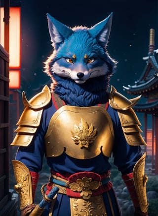 An ancient anthropomorphic blue fox samurai using an ancient golden samurai armor, photography, beautiful, bokeh temple background, colorful, masterpieces, top quality, best quality, official art, beautiful and aesthetic, realistic