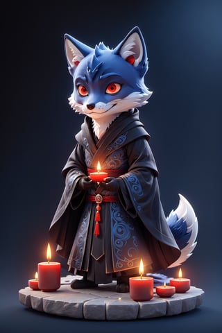 (full body) zhibi, chibi, animal wavie Wraith, small wavie Wraith, angry male blue fox in a black cloak, meditating above an stone altar with candles, big red eyes, extremely detailed, intricate details, muted color scheme, subtle gradients, photorealistic, 8k, 3d style, 3d style, 3d toon style