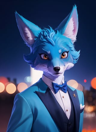 An ancient anthropomorphic blue fox using an crimson tuxedo, photography, beautiful, bokeh city background, colorful, masterpieces, top quality, best quality, official art, beautiful and aesthetic, realistic