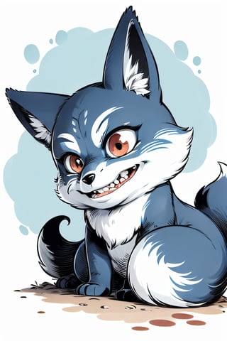 (masterpiece:1.5), (best quality:1.5), (Ink Sketch:0.6), adorable blue fox, red eyes, evil smile