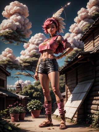 ((full body, standing):1.5), {((super women))}, {((wearing brown leather indian clothes, extremely tight and short in the body, short leather shorts and short velvet)), ((big breasts):1.5), ((short pink hair, mohawk, sparkling blue eyes, wearing small feathered headdress)), ((looking at viewer, maniacal smile, making erotic pose, holding a bow and arrow)) , ((in an indigenous village, cloudy sky, it's daytime, plants and flowers, Indians of different ethnicities))}, 16k, ultra quality, ultra detailed, maximum resolution, best sharpness
