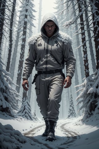 8K HDR photo), a man with a white suit and hood, walking in the snowy forest, a movie atmosphere, lights and reflections, all very detailed, realistic photo,