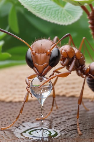 close up of a thisty ant drinking water